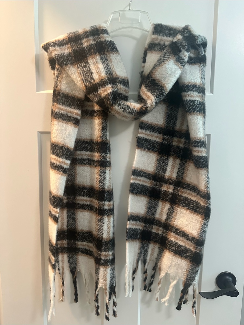 LOFT Plaid Brushed Knit Scarf in Black, Cream, Tan